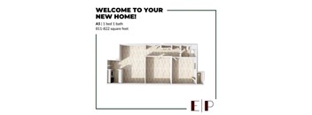 A floor plan for a new home with a single bedroom and 1 bath.
