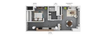 A diagram of a small apartment with a kitchen, living room, and bathroom.