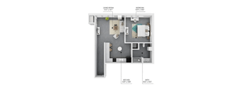 A diagram of a house layout with a living room, kitchen, bathroom and bedroom.