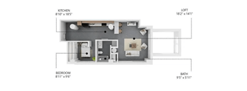 A floor plan of a small apartment with a kitchen, bathroom, and bedroom.