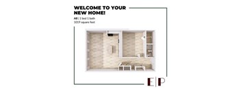A floor plan of a one bedroom apartment with a bathroom and living room.
