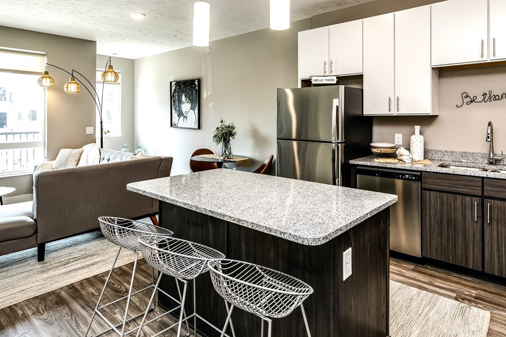 Two-tone cabinet kitchens with extra storage and stainless steel appliances at AXIS apartments in Papillion, NE
