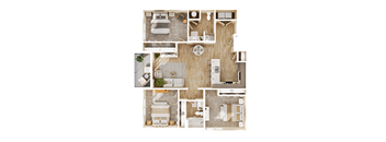 A detailed floor plan of a house layout with multiple rooms and furniture.