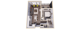 A 3D floor plan of a small apartment with a kitchen, living room, and bedroom.