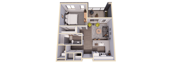 A 3D floor plan of a small apartment with two bedrooms and a living area.