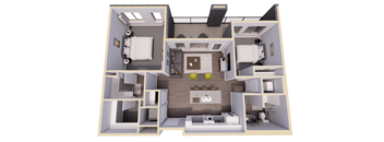 A 3D floor plan of a house with a kitchen, living room, and bedrooms.
