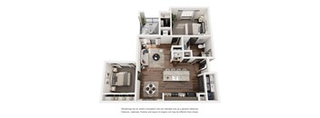 A floor plan of a house with a kitchen, living room, and two bedrooms.