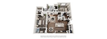 A 3D floor plan of a house with a kitchen, living room, and bedrooms.