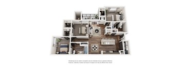 A floor plan of a small apartment with a kitchen, living room, and bathroom.