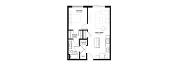 A floor plan of a small apartment with a bedroom, bathroom, laundry, and living room.