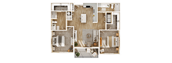 A top-down view of a house layout with a kitchen, living room, and bathrooms.