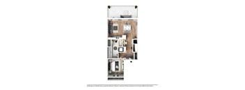 A floor plan of a small apartment with a kitchen, living room, and bedroom.