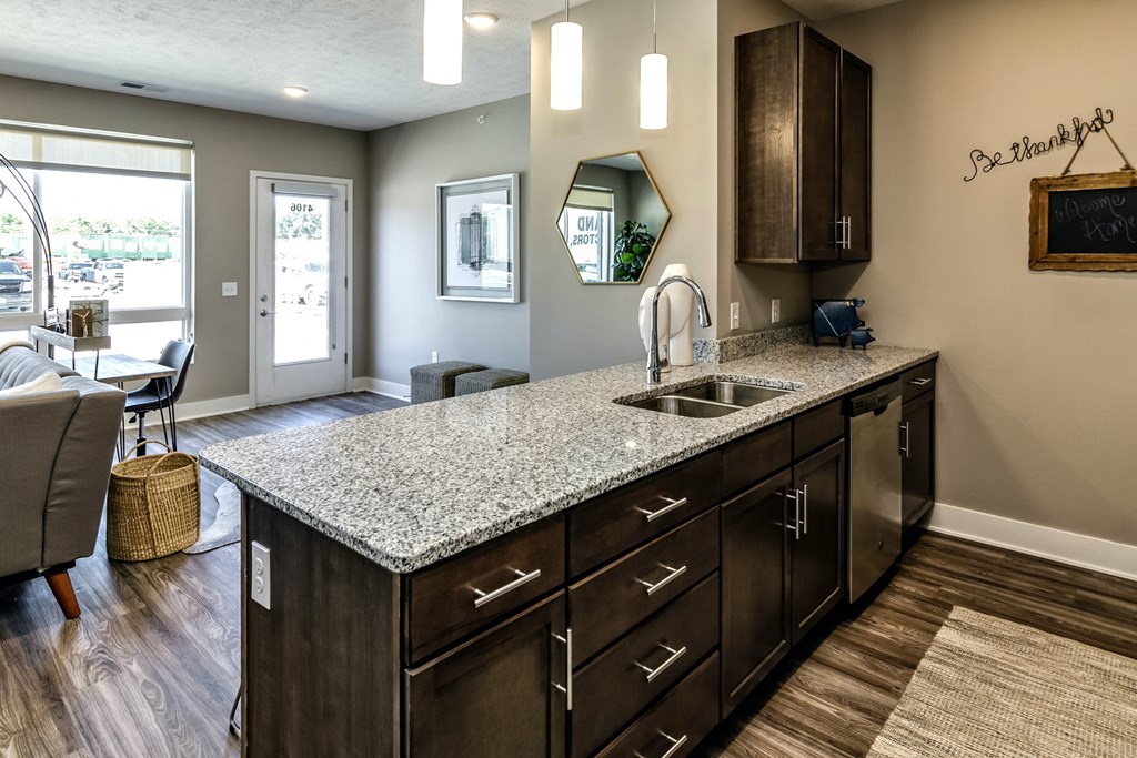 Espresso shaker cabinets kitchens with extra storage and stainless steel appliances at AXIS apartments in Papillion, NE