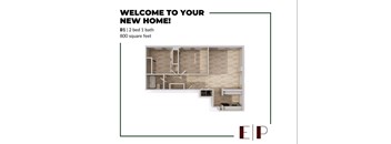 A floor plan of a home with a living room, two bedrooms, and a bathroom.