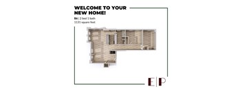 A floor plan for a new home with a 2 bedroom, 1 bathroom and a total area of 1131 square feet.
