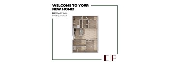 A floor plan of a new home with a bedroom, bathroom, and kitchen.
