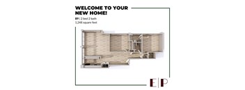 A floor plan for a new home with a 2 bedroom, 2 bath and a total area of 1,248 square feet.