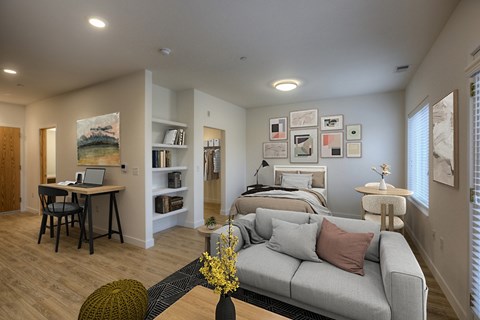 A living room with a grey couch and a desk with a laptop.