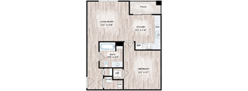 A floor plan of a house with a living room, kitchen, bathroom, and bedroom.