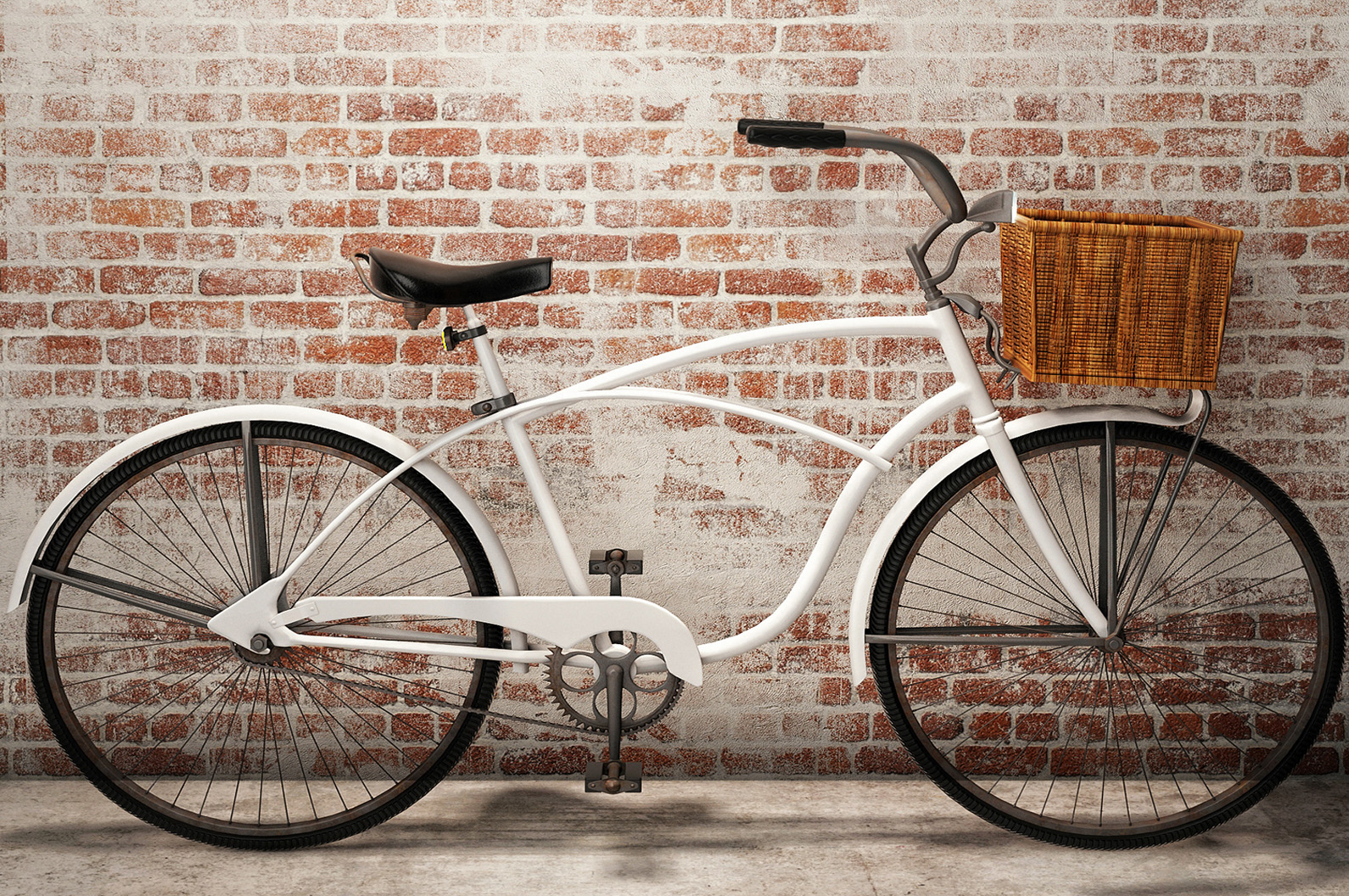 a white bike with a basket leaning against a brick wall