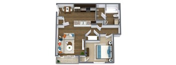 A top-down view of a living room, kitchen, and bedroom in a house.
