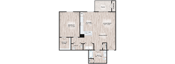 A floor plan of a house with a bedroom, kitchen, living room, dining room, bathroom, and a walk-in closet.