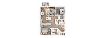 A top-down view of a small apartment layout with a kitchen, living room, and bathroom.