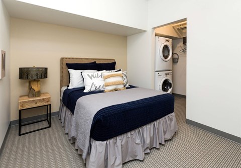 A bedroom with a bed, pillows, and a washing machine in the corner.