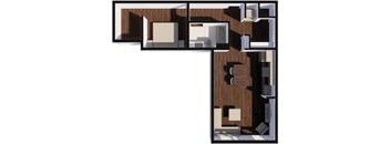 A floor plan of a house with a kitchen, living room, and two bedrooms.