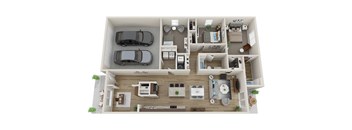 A top-down view of a small apartment with a kitchen, living room, and two bedrooms.