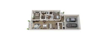 A top-down view of a house layout with a kitchen, living room, bedrooms, and a garage.