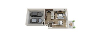 A top-down view of a small apartment with a kitchen, living room, and two bedrooms.