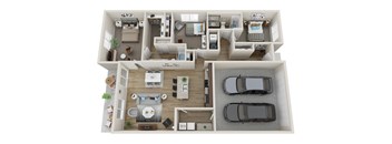 A top-down view of a two-story apartment with a living room, kitchen, dining area, and bedrooms.