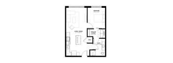 A black and white image of a floor plan for a small apartment.