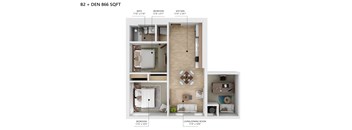 A diagram of a small apartment layout with a living room, kitchen, and bedroom.
