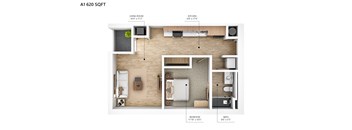 A 16x14 living room, 6x174 kitchen, 11x105 bedroom, and 8x55 bathroom make up apartment A1620.