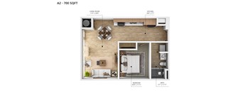 A 700 square foot floor plan for a home with a living room, kitchen, bedroom, and bathroom.