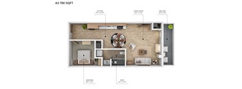 A 3700 square foot floor plan of a home with a kitchen, living room, balcony, bath, and bedroom.