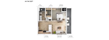 A floor plan of an apartment with a living room, kitchen, bathroom, bedroom and balcony.