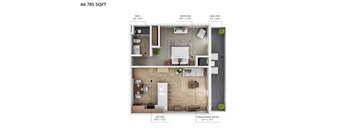 A 6785 sqft floor plan of an apartment with a bath, bedroom, balcony, kitchen, and living/dining room.