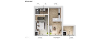 A 7900 square foot floor plan for a home with a bedroom, living/dining room, kitchen, and storage area.