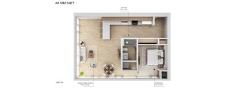 A floor plan of a 709 square foot apartment with a living/dining room, kitchen, and bedroom.