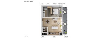 A 1067 sqft apartment with a balcony, bathroom, living/dining room, and kitchen.
