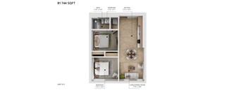 A diagram of a 1 bedroom apartment with a living room and a bathroom.