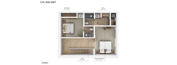A diagram of a 1 bedroom, 1 bathroom apartment with a master bedroom on the second floor.