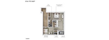 A diagram of a floor plan for a one bedroom apartment.