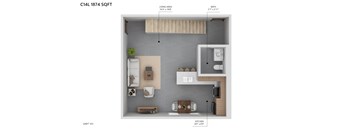 A diagram of a small apartment layout with a living area, kitchen, and bathroom.