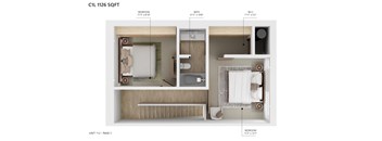 A diagram of a 112 sq ft apartment showing the layout of the bedroom, bathroom, and W.I.C.