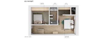 A diagram of a one bedroom apartment layout.