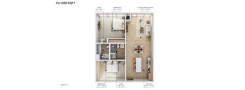 A diagram of a 1209 square foot apartment with a living/dining room, kitchen, and two bedrooms.